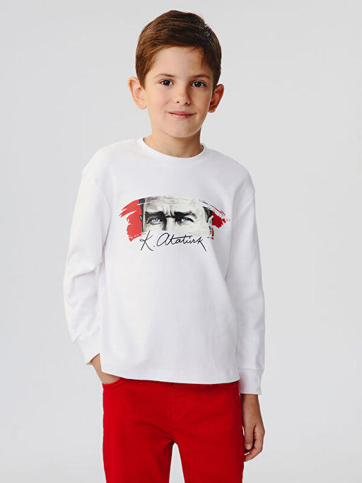 Bisiklet Yaka Bask?l? Uzun Kollu Erkek Bebek Ti??rt