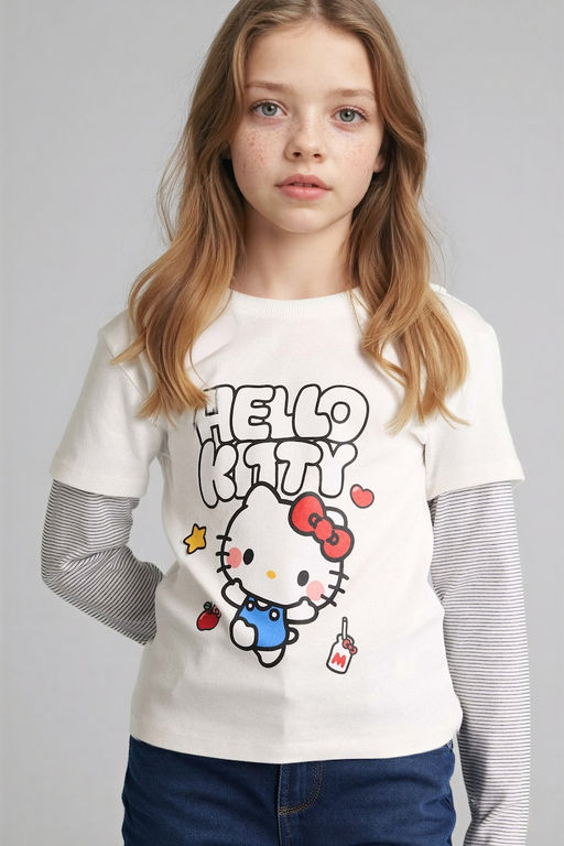 %100 Pamuk Hello Kitty Bisiklet Yaka Uzun Kollu Ti__rt K_z _ocuk - Defacto фото 3