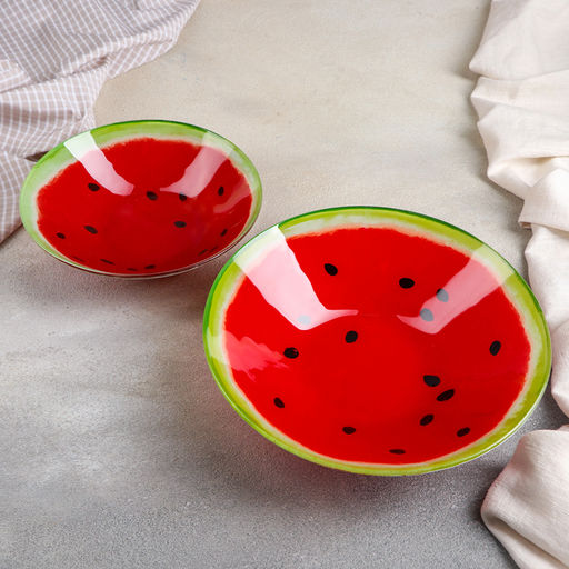 Тарелки Доляна Сладкий арбуз, 19 предметов: 6 десертных тарелок, 6 обеденных тарелок, 6 мисок, салатник, стекло, красный