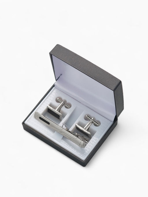 Набор мужской медный Запонки + Зажим для галстука прямоугольник с эмалью, чёрно-серебристый