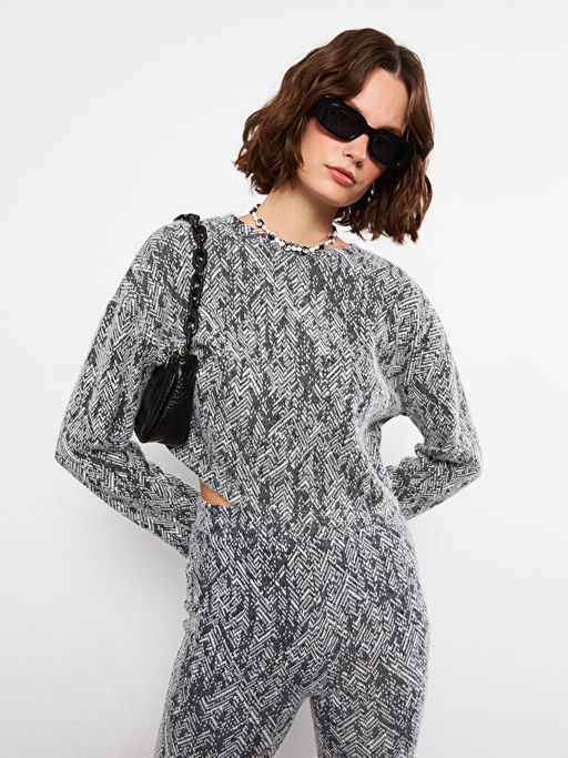 Bisiklet Yaka Desenli Uzun Kollu Kad?n Triko Kazak