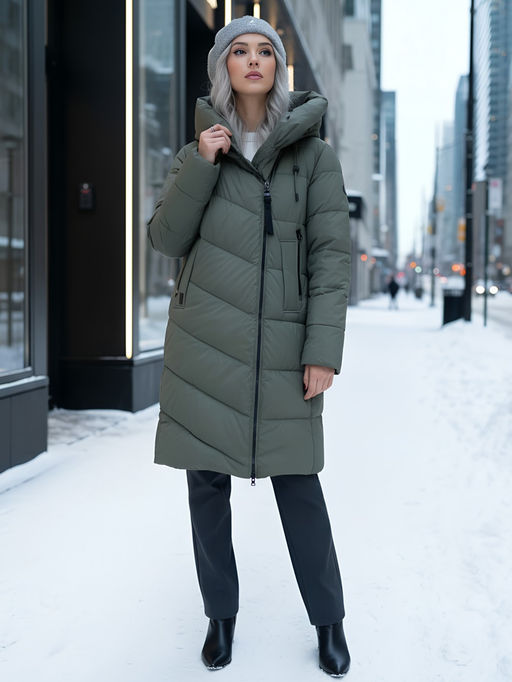 Пальто зимнее утепленное с капюшоном женское цвета хаки 1318Kh