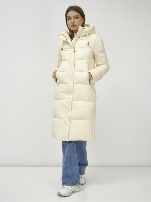 Пальто утепленное стеганное зимнее с капюшоном женское светло-бежевого цвета 9636_1SB - Mtforce фото 3