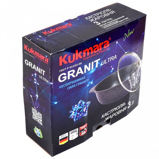 Кастрюля с антипригарным покрытием 3л, д29см "Granit Ultra", h8,5см, стеклянная жаропрочная крышка, ручка из термостойкого пластика, голубой гранит (Россия) - можно использовать металлические кухонные принадлежности
