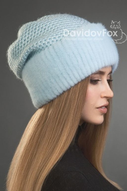 Шапка Камелия норка трикотаж голубая