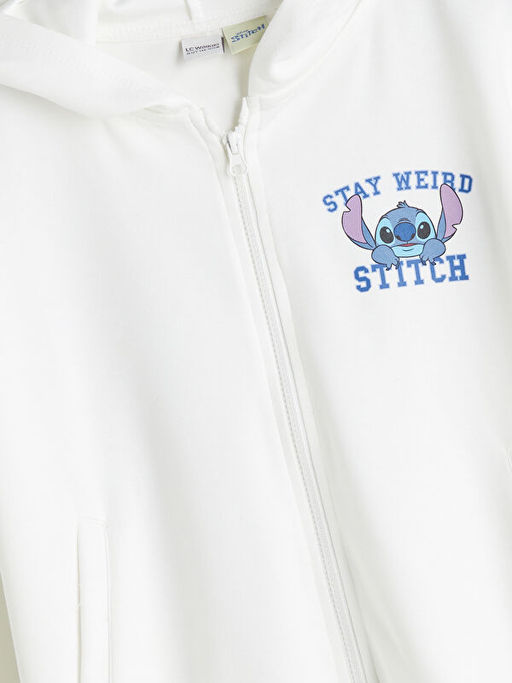 Kap??onlu Stitch Bask?l? K?z ?ocuk Fermuarl? Sweatshirt