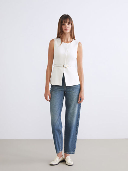 Bisiklet Yaka Beli Kemerli Kad?n Klasik Yelek