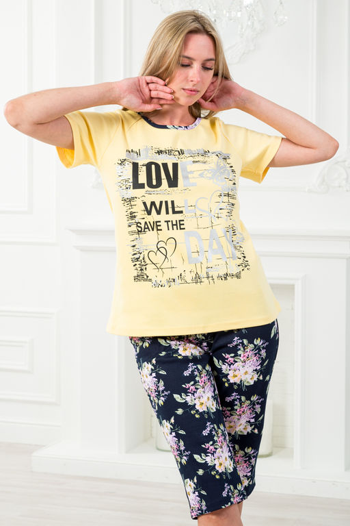 Пижама женская домашний из футболки и бридж Букетик желтый темно-синий с принтом LOVE - Амадэль фото 7