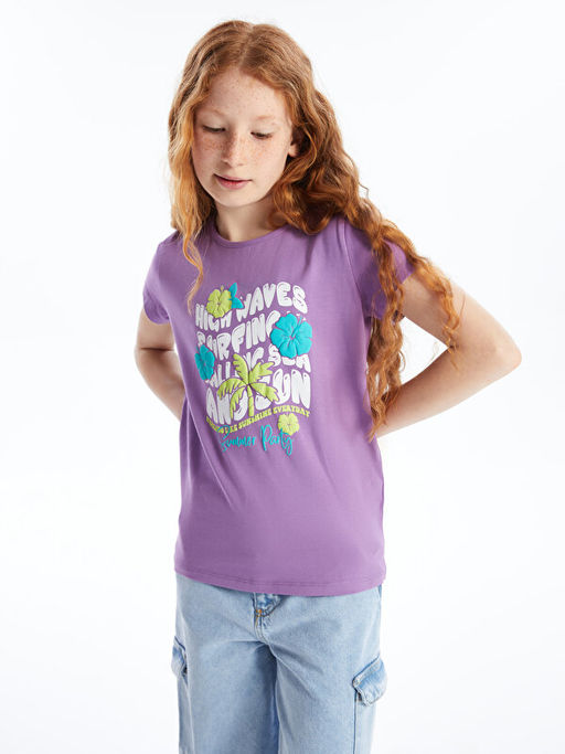 Bisiklet Yaka Bask?l? K?sa Kollu K?z ?ocuk Ti??rt - Waikiki фото 4