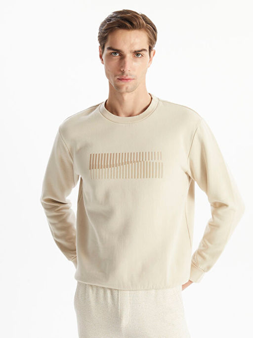 Bisiklet Yaka Uzun Kollu Bask?l? Erkek Sweatshirt
