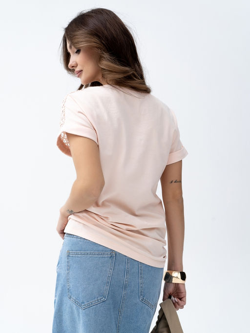 ВИДЕООБЗОР . Футболка с кружевом .арт.180-12,персиковая - Binita фото 8