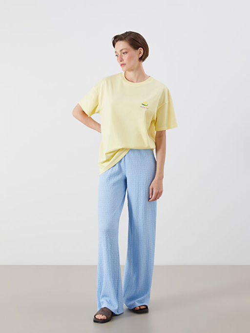Bisiklet Yaka Bask?l? Oversize Kad?n Ti??rt