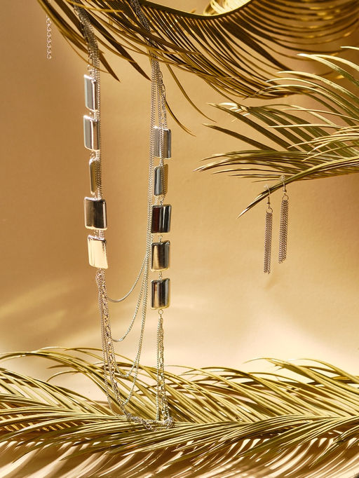 Набор 2 предмета: серьги, бусы Унисон прямоугольники, цвет серебро, 80 см