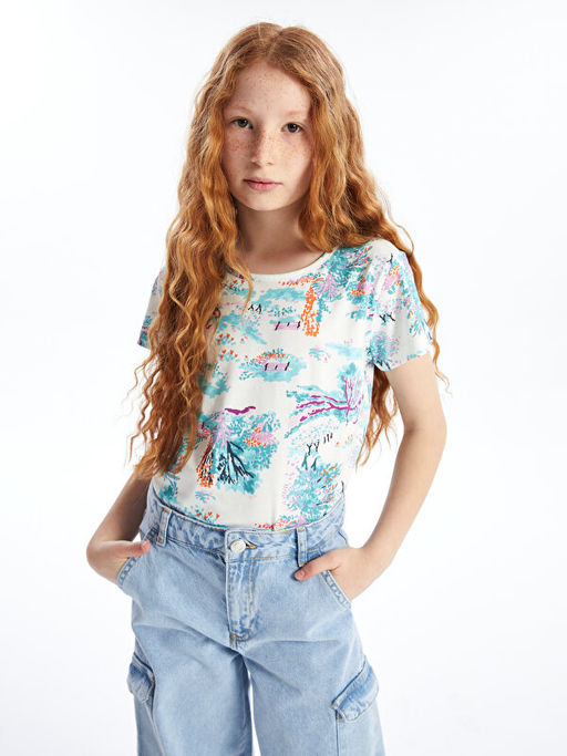 Bisiklet Yaka Bask?l? K?sa Kollu K?z ?ocuk Ti??rt - Waikiki фото 3