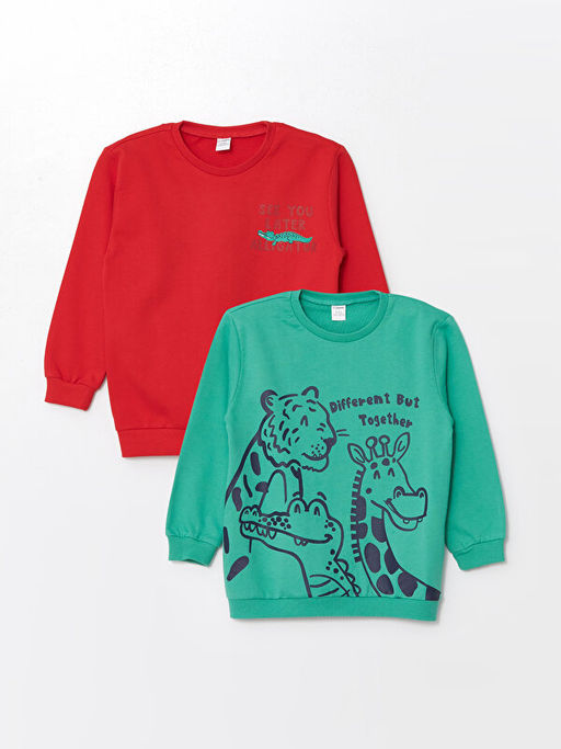 Bisiklet Yaka Uzun Kollu Bask?l? Erkek Bebek Sweatshirt 2li