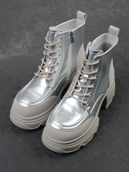 01-F591-2 GREY/SILVER Ботинки демисезонные женские (натуральная кожа, искусственная кожа)