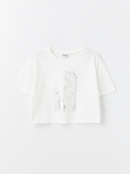 Bisiklet Yaka Bask?l? K?sa Kollu K?z ?ocuk Crop Ti??rt