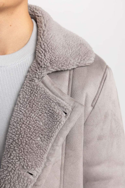 Замшевое пальто с плюшевой подкладкой и воротником-жакетом Slim Fit - Defacto фото 5