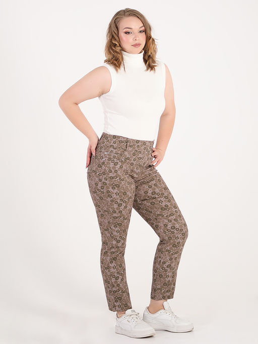 Брюки коричневые укороченные женские с цветочным принтом