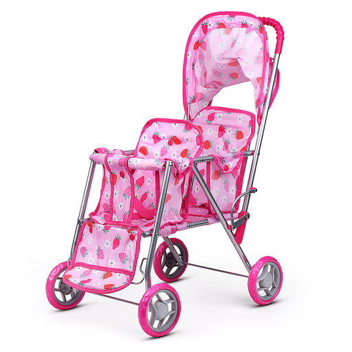 Коляска для кукол, для двойни, металлическая, складная, цвет клубнички на розовом