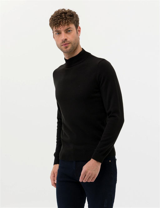 Siyah Slim Fit Yar_m Bal_k__ Yaka Basic Triko Kazak