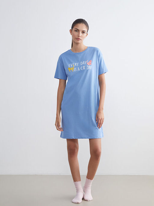 Bisiklet Yaka Bask?l? Kad?n Gecelik