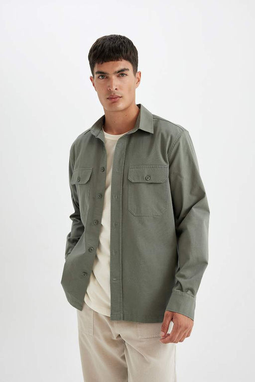 Хлопковая рубашка с длинными рукавами и воротником поло стандартного кроя - Defacto фото 3