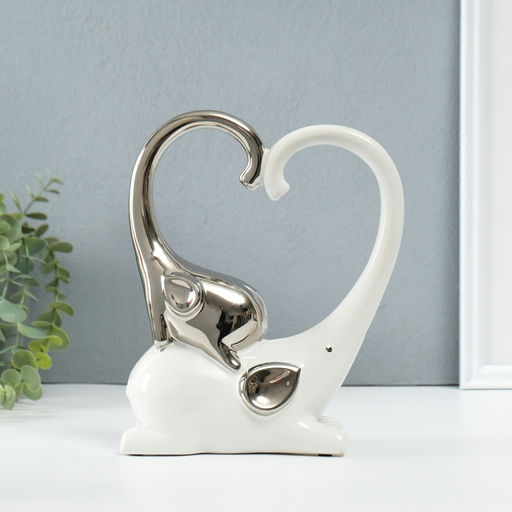 Фигурка керамика Слон со слонёнком. Сердце, белый с серебром, 7.3?17.5?22 см