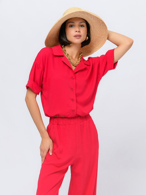 Блуза малинового цвета укороченная с короткими рукавами на пуговицах - 1001dress фото 2