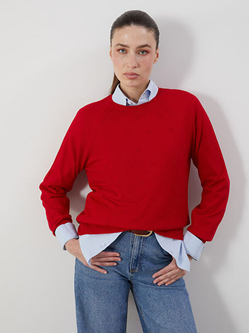 Bisiklet Yaka ?i?ekli Kad?n Triko Kazak