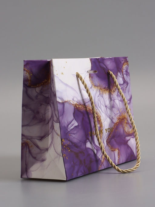 Пакет подарочный ламинированный «Мрамор», фиолетовый с бантиком, 19×15×7 см