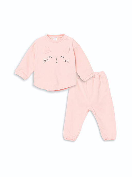 Bisiklet Yaka Uzun Kollu Nak??l? K?z Bebek Sweatshirt ve E?ofman Alt 2li Tak?m