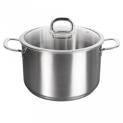 Кастрюля из нержавеющей стали "Safia" 8л, д26см, h23,5см, дно д24,5см, s0,8мм, стеклянная крышка, плоское, утолщенное дно, ТРС (теплораспределительный слой), нержавейка AISI 304 (18/10) (Россия) Подходит для всех видов плит, включая индукционную.