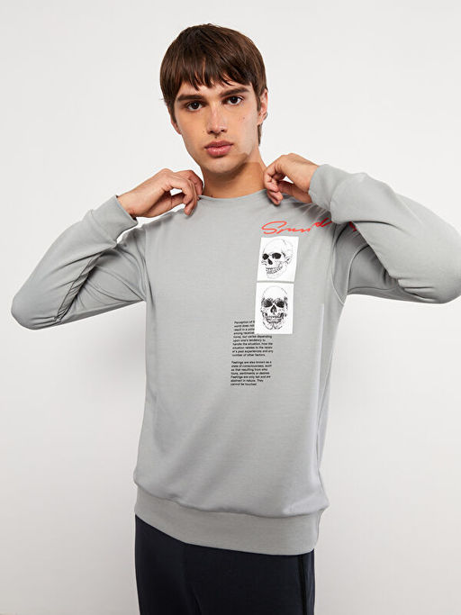 Bisiklet Yaka Uzun Kollu Bask?l? Erkek Sweatshirt
