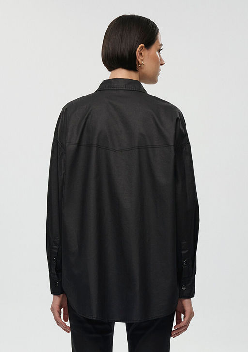 Suni Deri Oversize Siyah Gomlek - Mavi фото 4