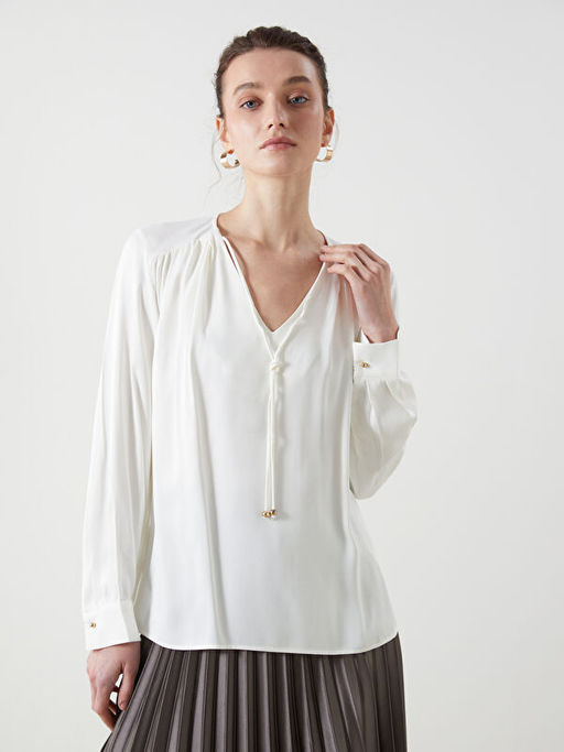 V Yaka Saten Kad?n Bluz