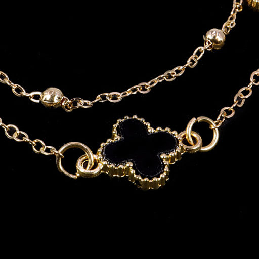 Браслет на ногу Клевер в черной глазури с золотой цепочкой, металл