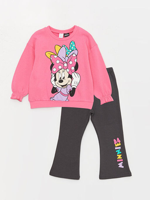 Bisiklet Yaka Uzun Kollu Minnie Mouse Bask?l? K?z Bebek Sweatshirt ve Tayt 2li Tak?m