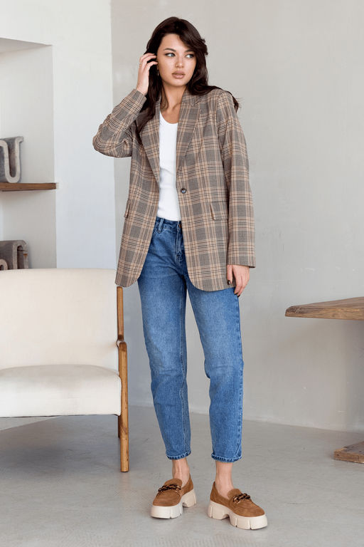 Песочный жакет клетка в стиле оверсайз