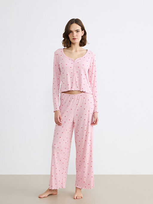 Kalp Yaka Fiyonk Desenli Kad?n Pijama Tak?m