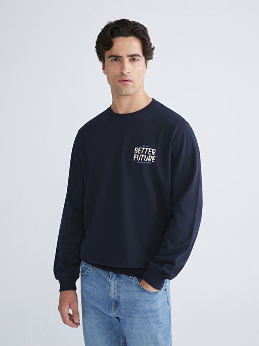 Bisiklet Yaka Bask?l? Erkek Sweatshirt