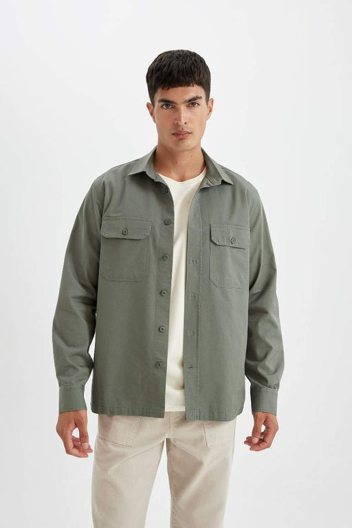 Хлопковая рубашка с длинными рукавами и воротником поло стандартного кроя - Defacto фото 4