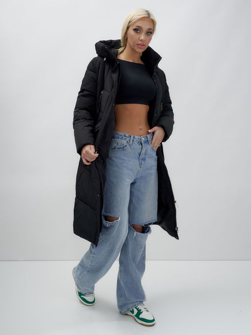 Пальто утепленное стеганное зимнее с капюшоном женское черного цвета 9639Ch - Mtforce фото 17