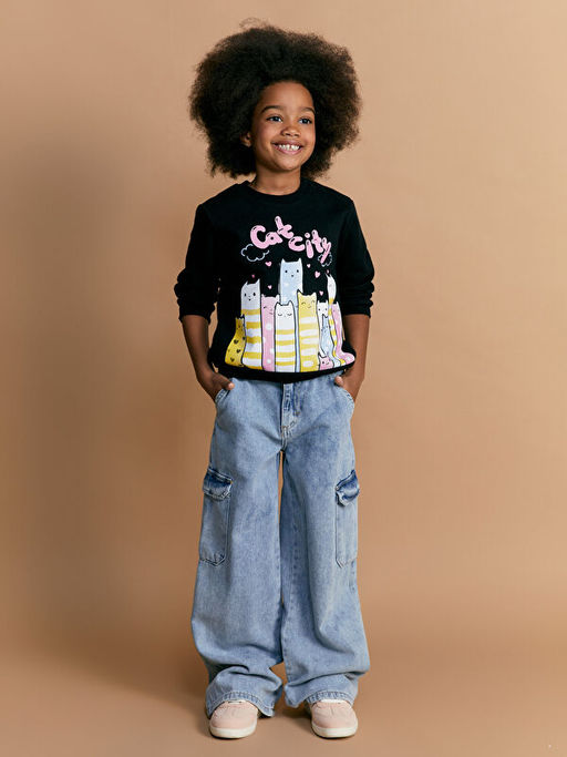 Bisiklet Yaka Bask?l? Kal?n K?z ?ocuk Sweatshirt