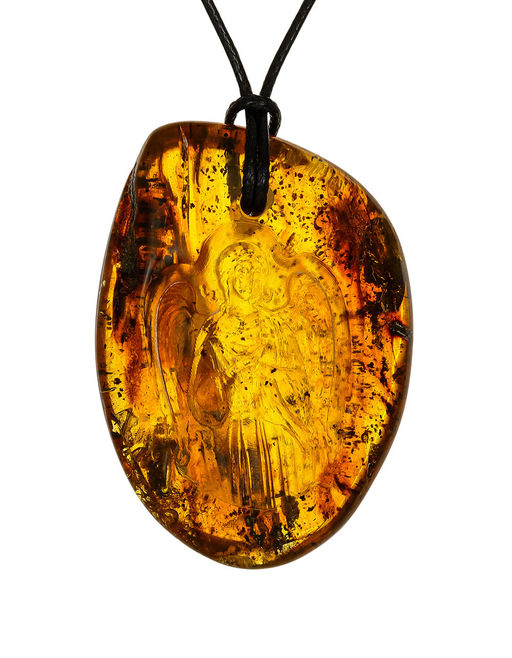 Подвеска-резьба из натурального цельного текстурного янтаря Ангел-Хранитель