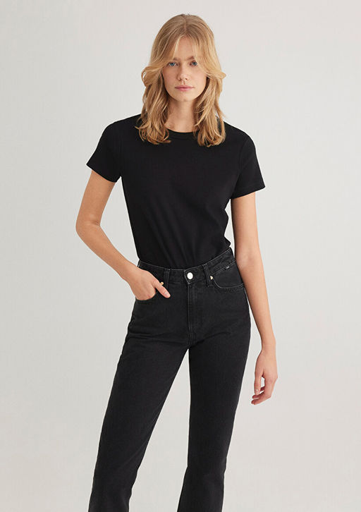 Bisiklet Yaka Siyah Basic Tisort - Mavi фото 2