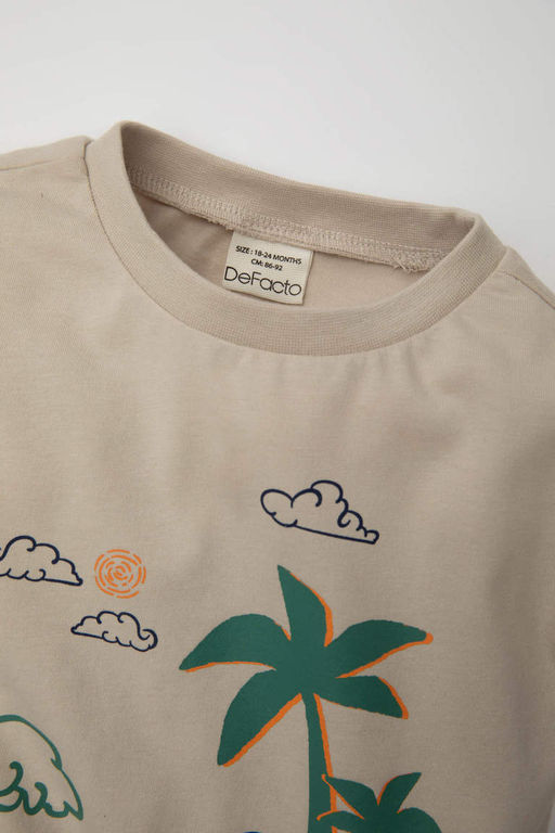 Футболка с короткими рукавами и круглым вырезом для маленьких мальчиков с рисунком пальмы - Defacto фото 2
