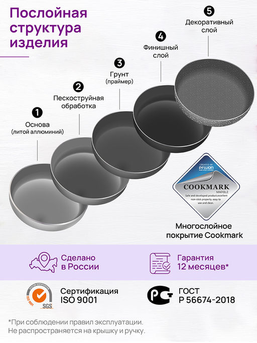 Казан 3 л ГАРМОНИЯ ВКУСА Серый мрамор С КРЫШКОЙ ф20, 28*21,5*18,5 см - Elan gallery фото 18