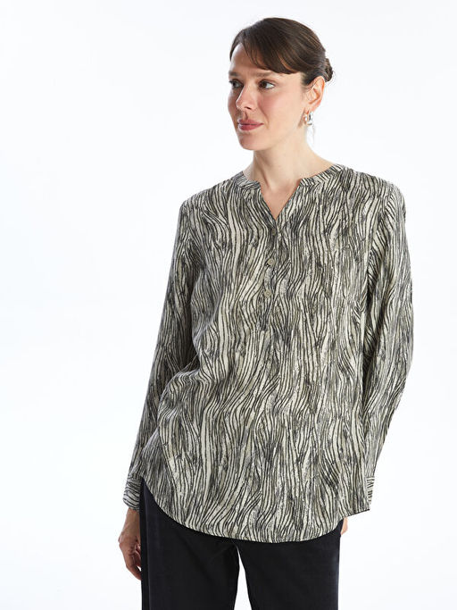 Ka??k Yaka Desenli Uzun Kollu Kad?n Bluz