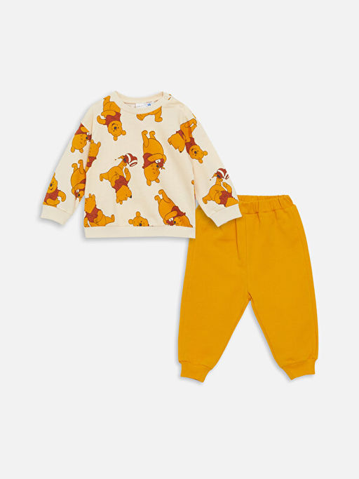 Bisiklet Yaka Uzun Kollu Winnie the Pooh Bask?l? Erkek Bebek Sweatshirt ve E?ofman Alt 2li Tak?m